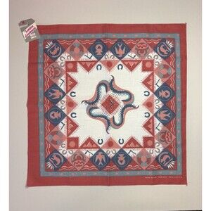 New Wamcraft SouthWestern Bandana Native Tribal Symbol Red Coral Blue USA Cotton